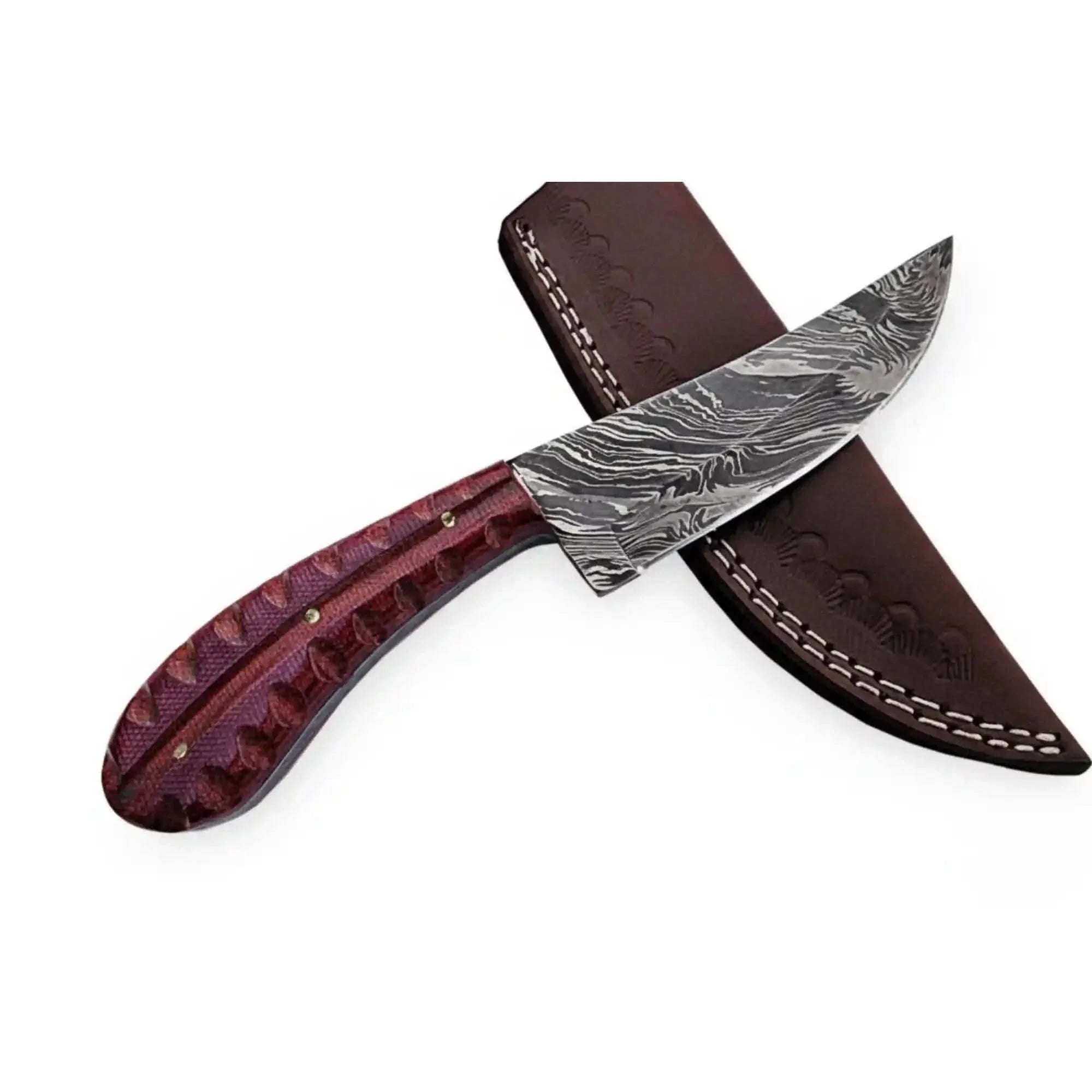 Damascus Trailing Point Skinner Knife with Red Wood Handle – 9 Inch Overall by JW SteelCrafts, Damascus knife detail photo 2