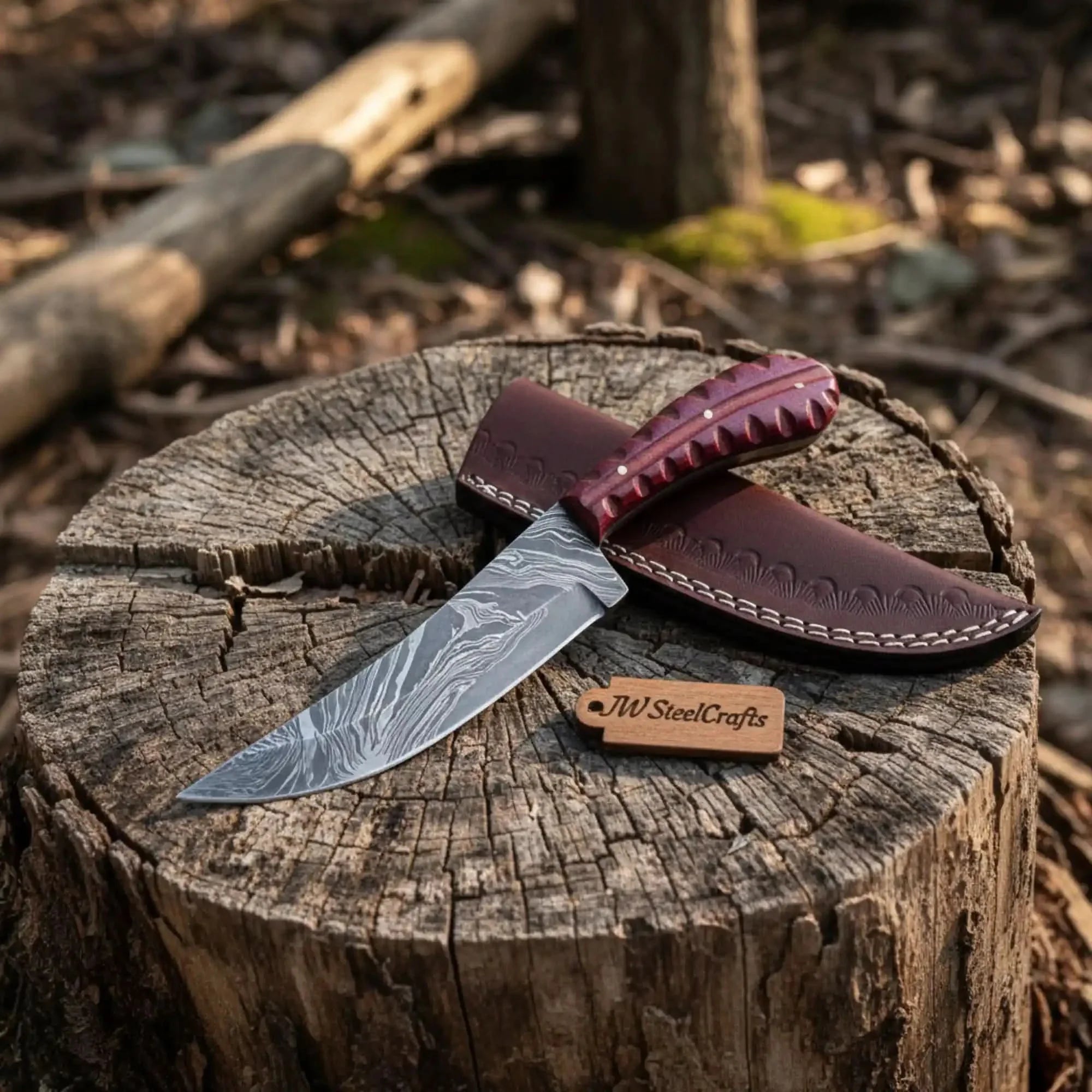 Damascus Trailing Point Skinner Knife with Red Wood Handle – 9 Inch Overall by JW SteelCrafts, Damascus knife main product photo