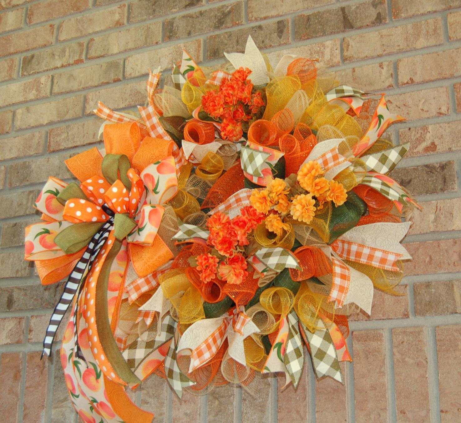Peach & Orange Fall Wreath | Polka Dot Bow Door Decor by Bouge Creations, view 8