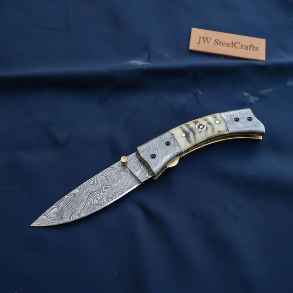Handmade Damascus Steel Folding Knife with Natural Bone Handle – Custom Pocket Knife by JW SteelCrafts, Damascus knife main product photo