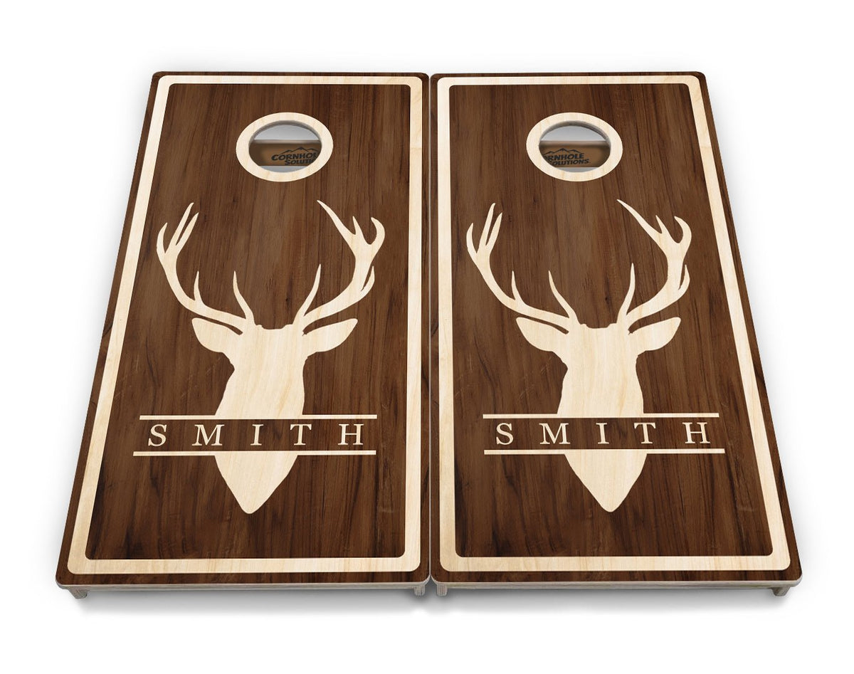 Personalized Buck Woodgrain Cornhole Boards – Tournament Series