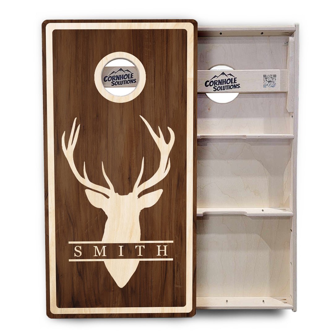 Personalized Buck Woodgrain Cornhole Boards – Tournament Series