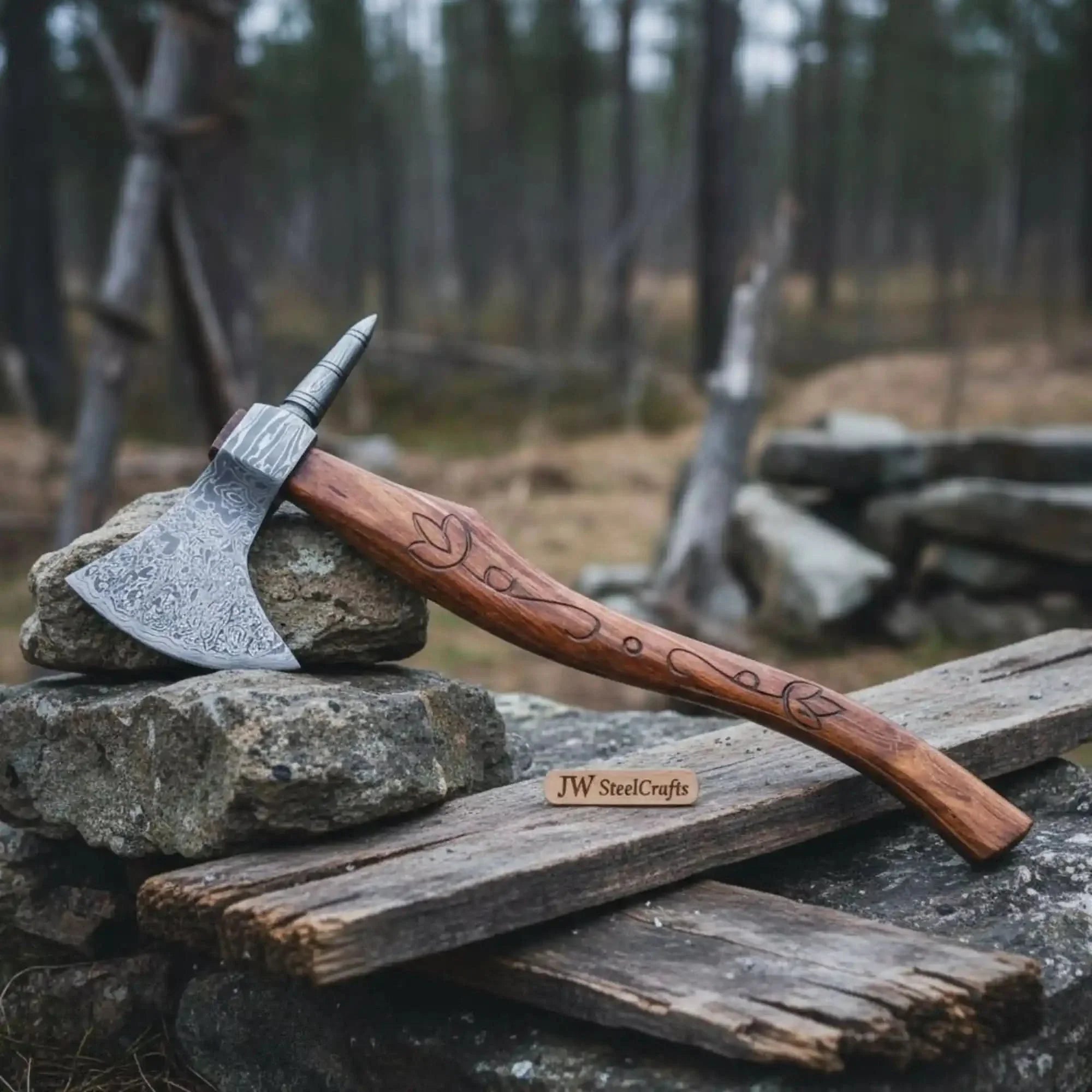 Custom Handmade 20" Damascus steel Best Bearded Felling Hatchet Axe by JW SteelCrafts, Southern lifestyle apparel detail photo 2