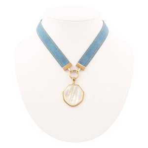 Blue Denim Dreams White Mother of Pearl Ribbon Golden Pendant Necklace