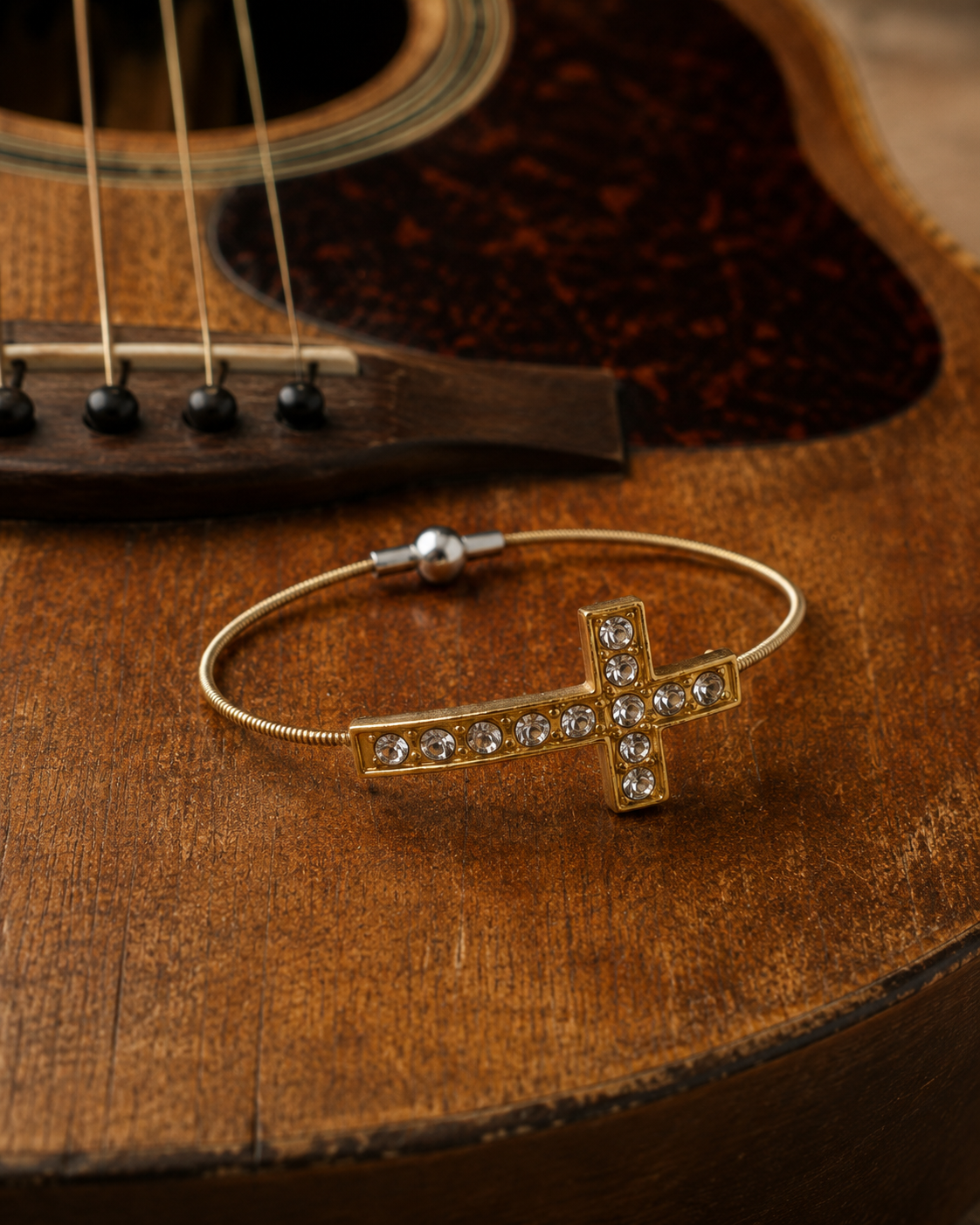 Gold Rhinestone Cross Guitar String Bracelet by N Harmony Jewelry, handmade jewelry detail photo 2