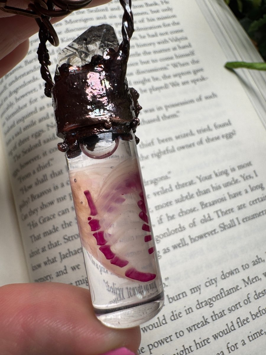 Diaphonized Rat Ribcage, Rose Quartz and Quartz Diamond Oddity Necklace