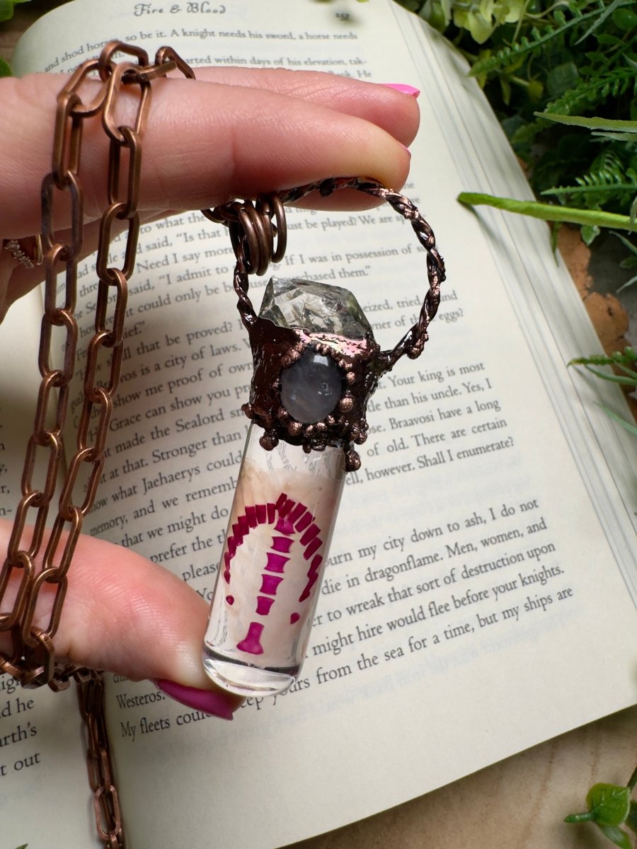 Diaphonized Rat Ribcage, Rose Quartz and Quartz Diamond Oddity Necklace