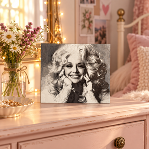 Dolly-inspired portrait plaque styled on a pink bedroom dresser