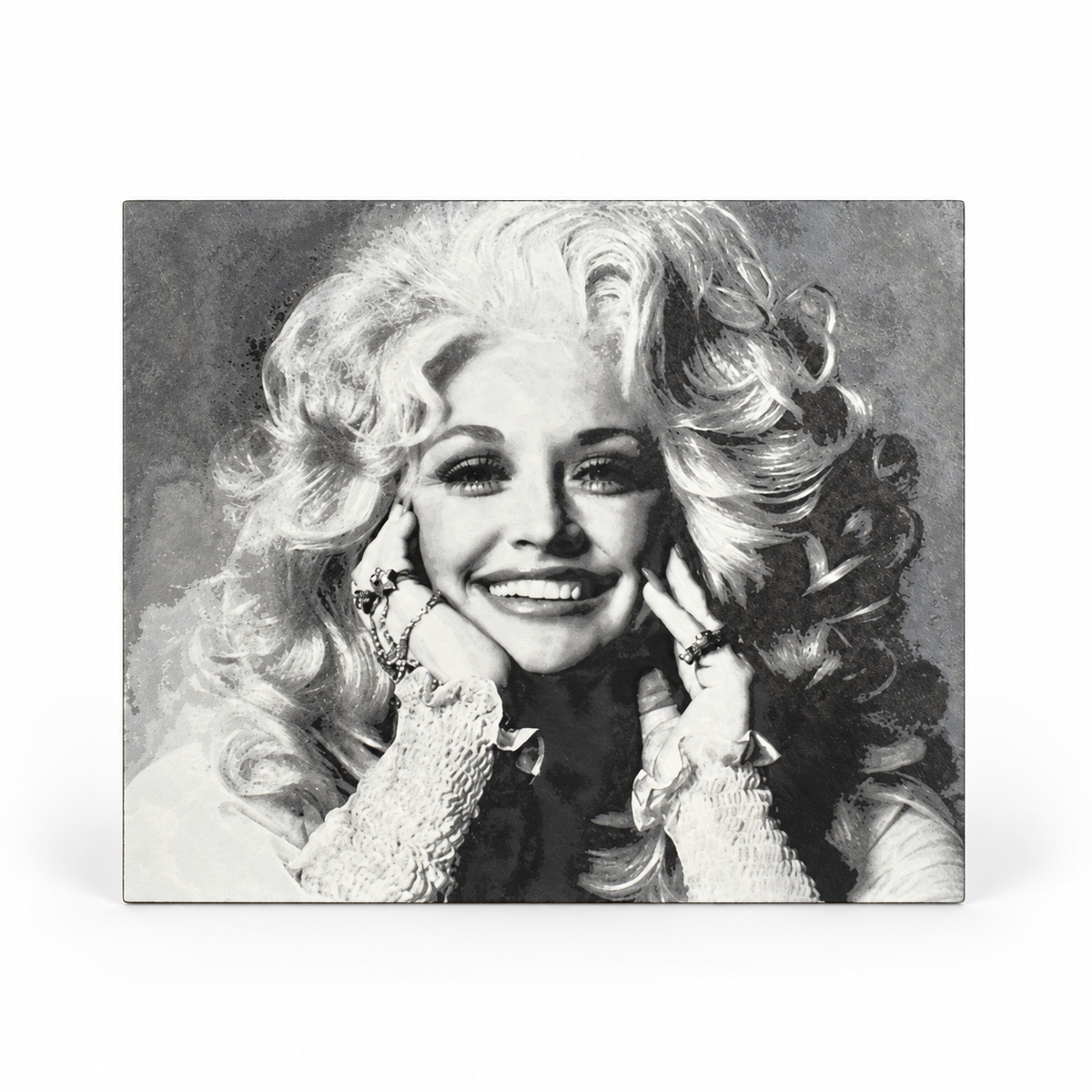 Dolly-inspired black and white portrait plaque on a white background