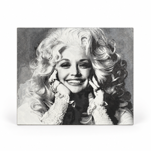 Dolly-inspired black and white portrait plaque on a white background