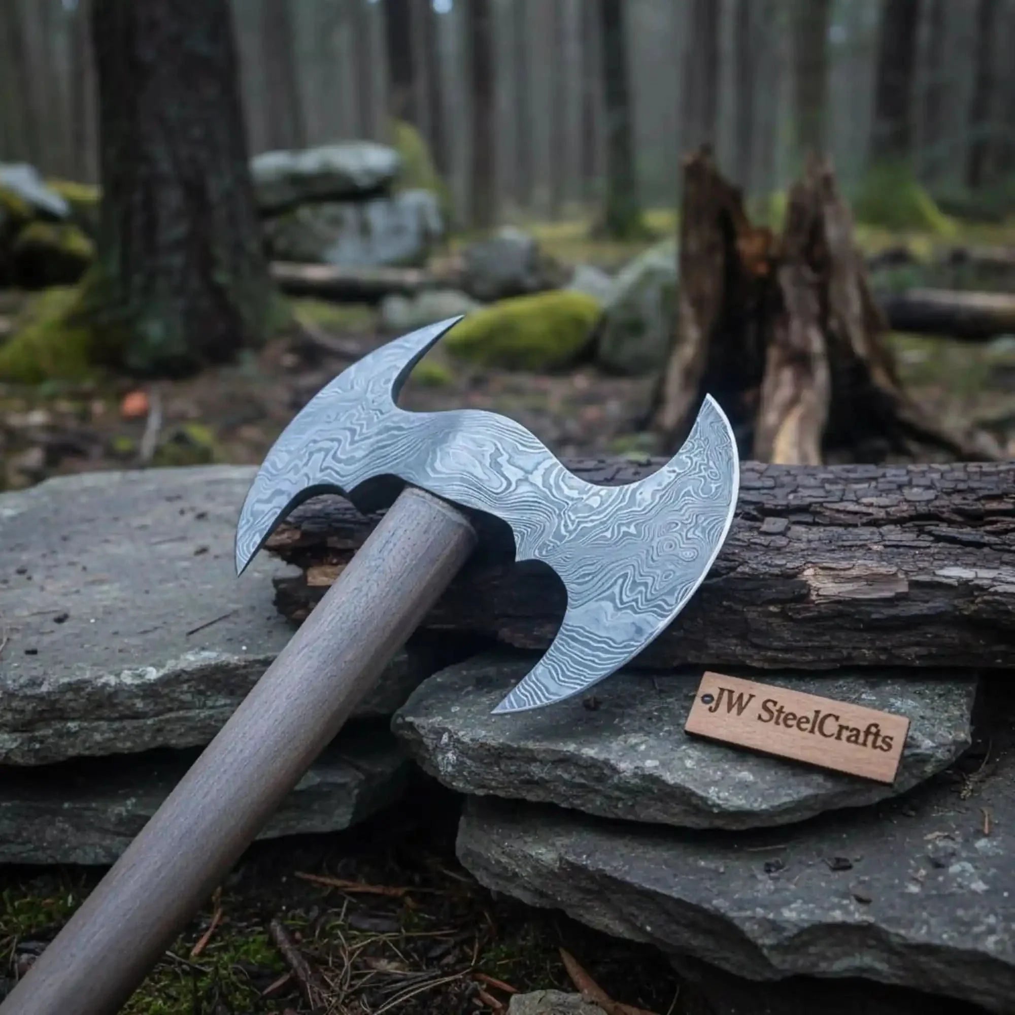 Custom Hand Forged Damascus Steel Viking Double Bit Throwing Axe with Hardwood Handle and Leather Sheath | JW SteelCrafts by JW SteelCrafts, leather knife sheath main product photo