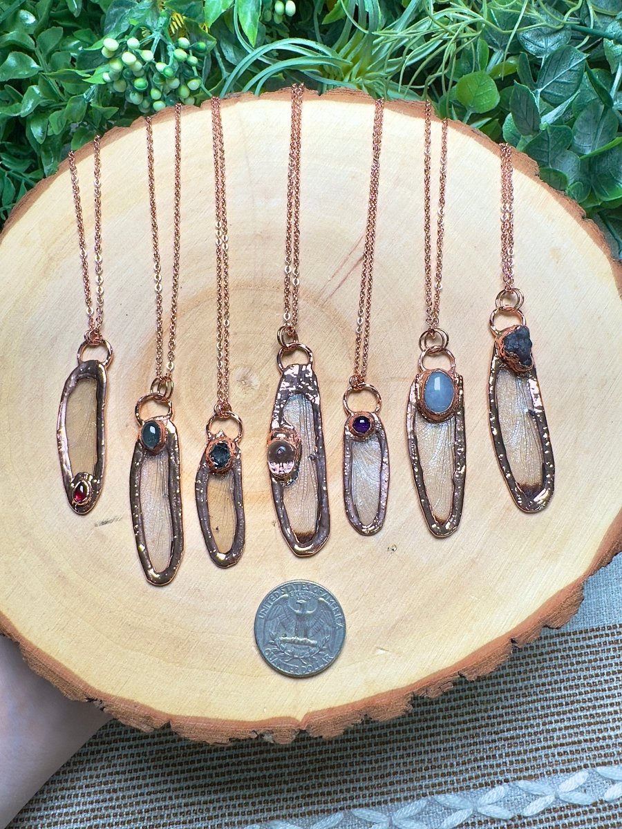 Dragonfly Wing and Garnet Necklace detail view by Copper Ashes