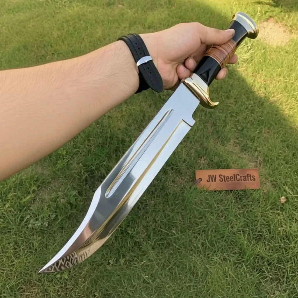 Dundee Clip Point Bowie Knife – Handmade 17 Inch Frontier Blade, Damascus or High Polish Steel | JW SteelCrafts by JW SteelCrafts, Damascus knife detail photo 2
