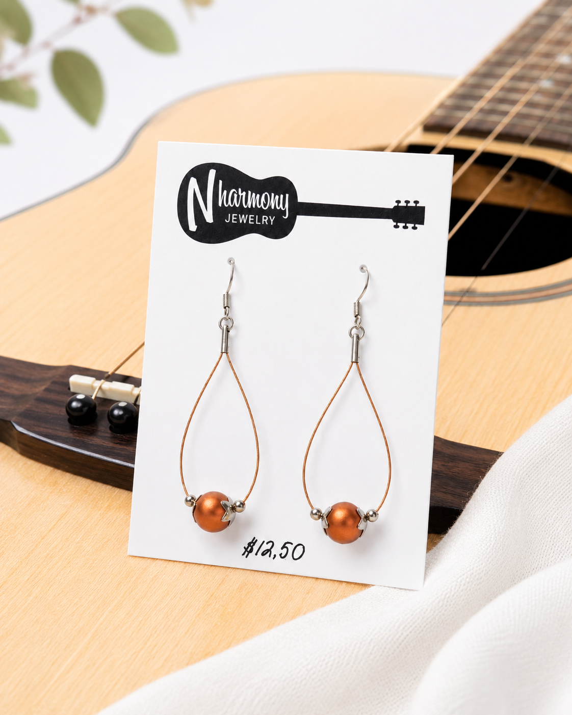 Copper Guitar String Earrings by N Harmony Jewelry, handmade jewelry detail photo 3