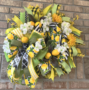Lemon Summer Wreath | Yellow Floral Gingham Door Decor by Bouge Creations, view 8