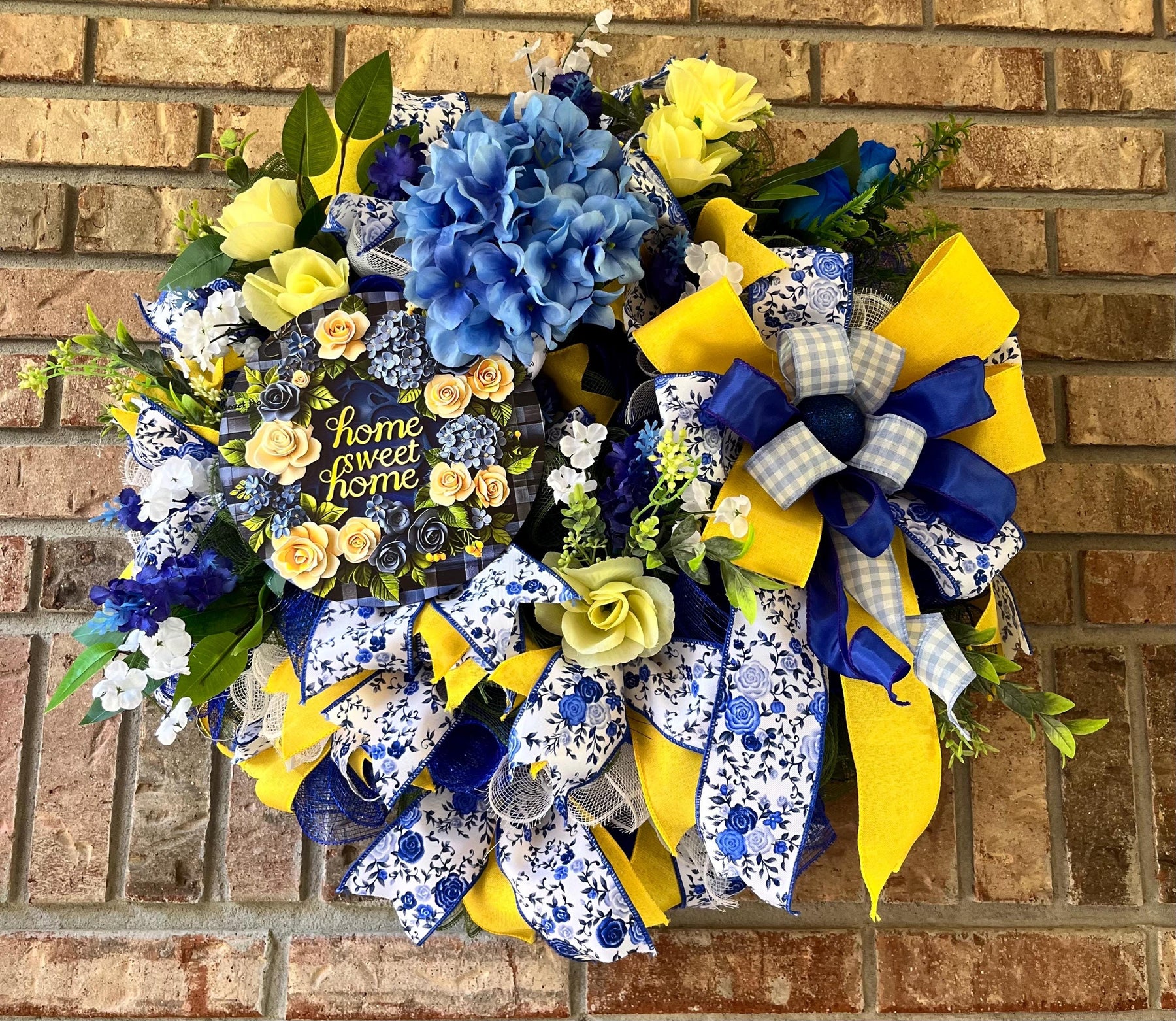 Blue & Yellow Welcome Wreath | Gingham Front Door Decor by Bouge Creations, view 9