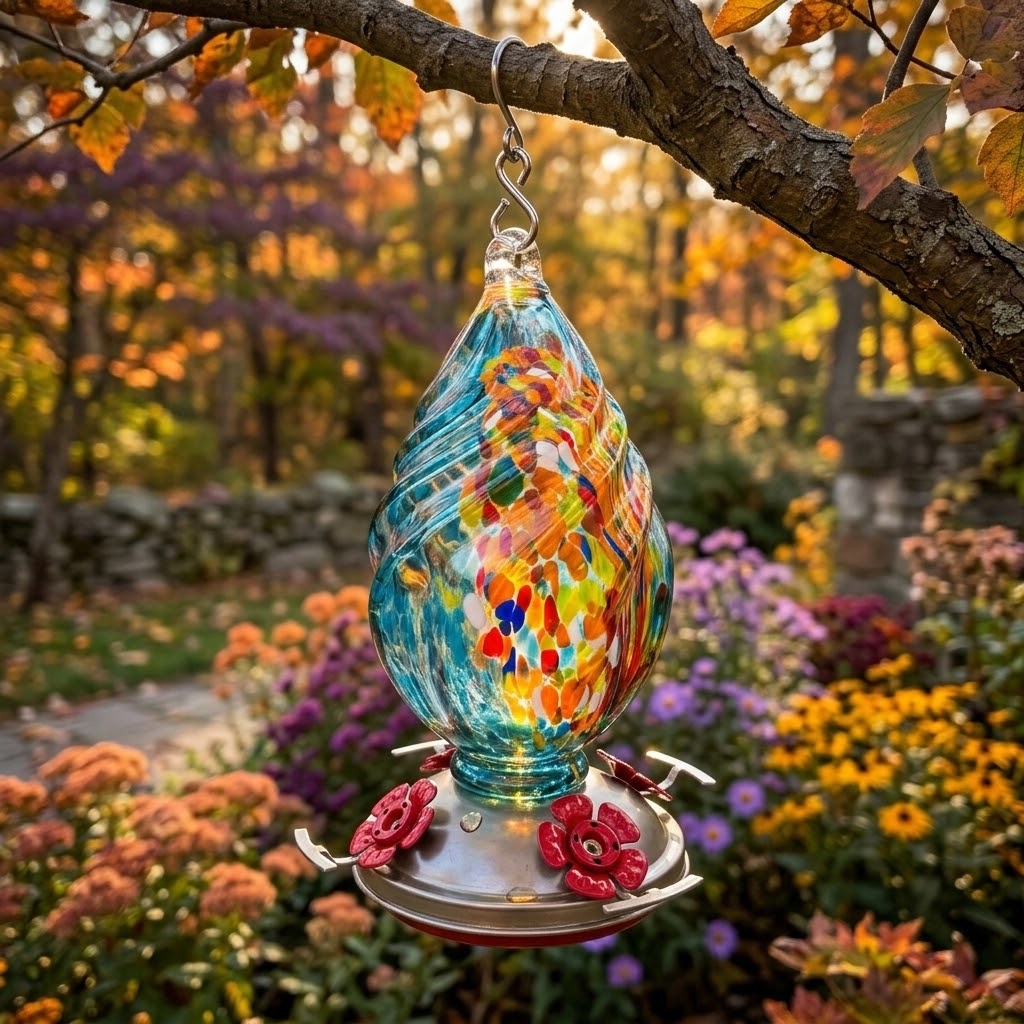 Aqua Confetti Teardrop Glass Hummingbird Feeder