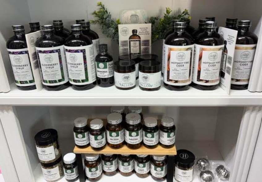 Earth’s Creations & Wellness elderberry syrup, fire cider, tallow skincare and herbal products at The Mosaic Turtle