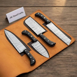 4-Piece Damascus Steel Kitchen Knife Set — Chef, Santoku, Cleaver & Utility with Wengi Wood Handles & Leather Roll