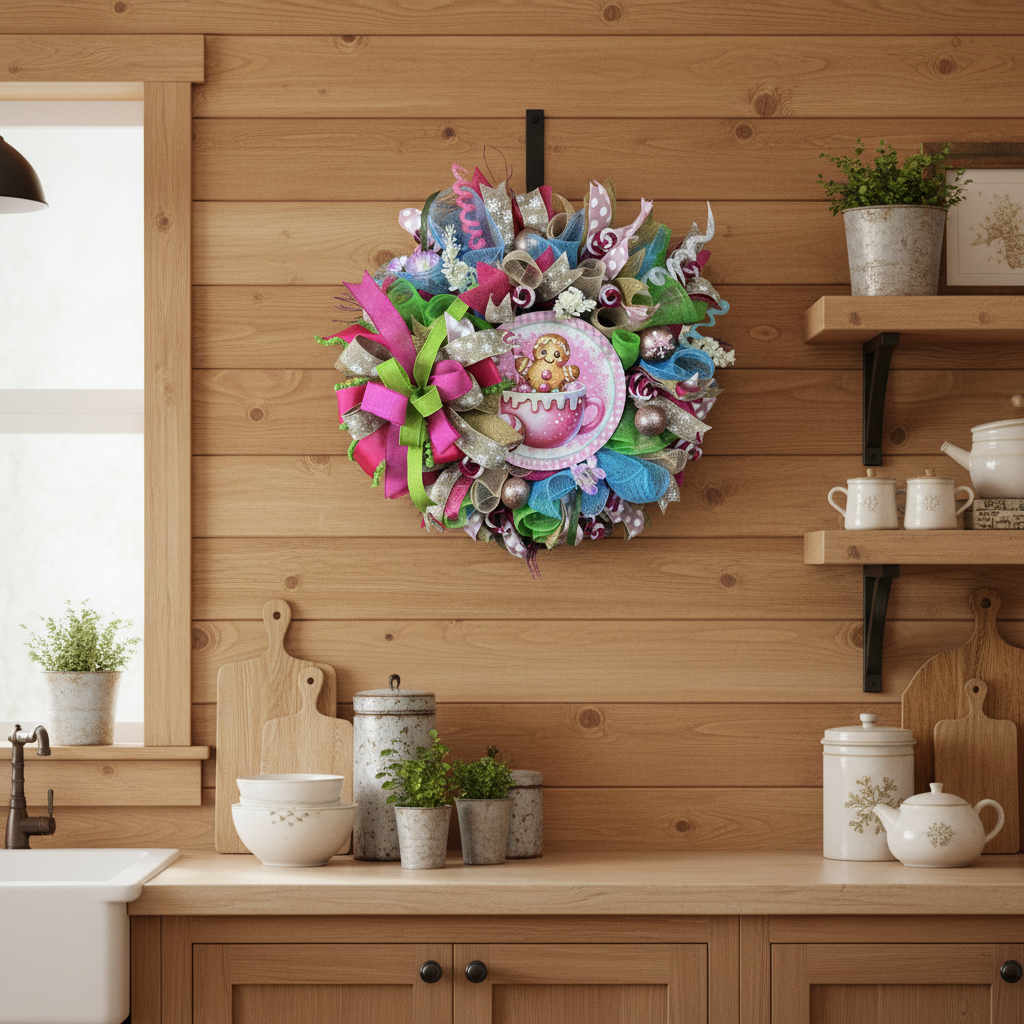 Gingerbread Hot Cocoa Christmas Wreath | Whimsical Candyland Front Door Wreath | Pink Christmas Decor | Handmade Holiday Door Hanger
