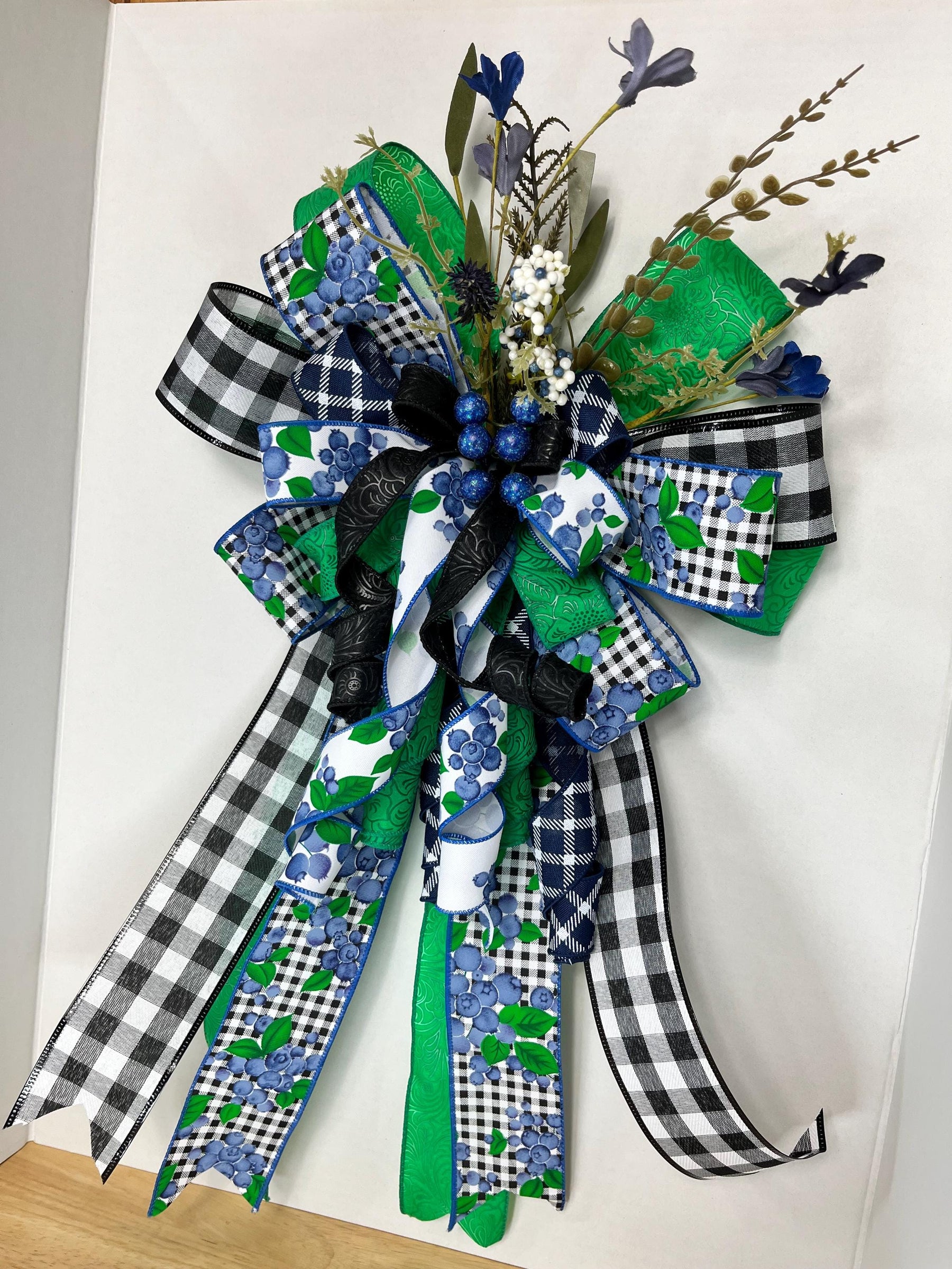 Blueberry Wreath Bow | Green Plaid & Gingham Decor by Bouge Creations, view 4