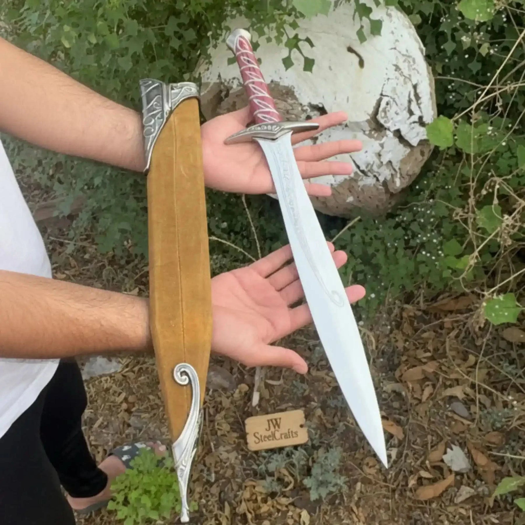 Handmade Fantasy Short Sword with Reddish Wood Grip and Wooden Sheath by JW SteelCrafts, leather knife sheath detail photo 2