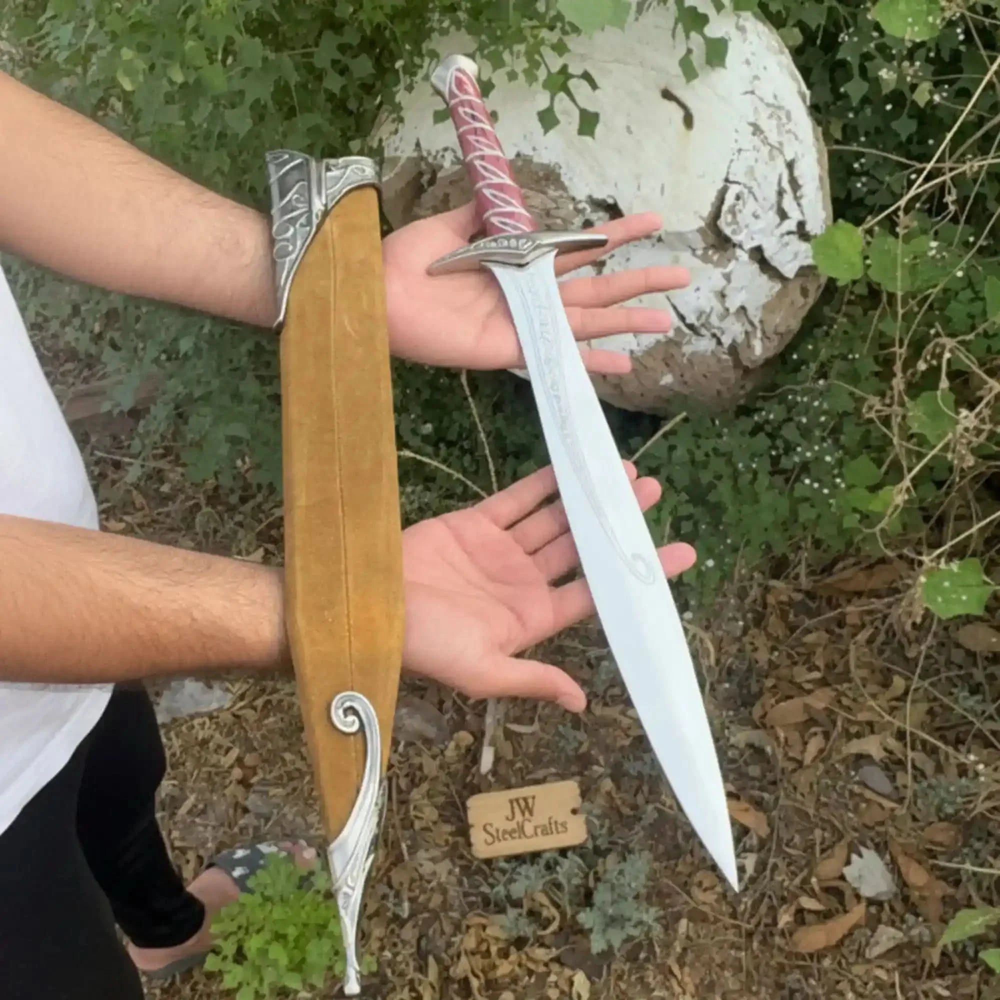 Handmade Fantasy Short Sword with Reddish Wood Grip and Wooden Sheath by JW SteelCrafts, leather knife sheath detail photo 2