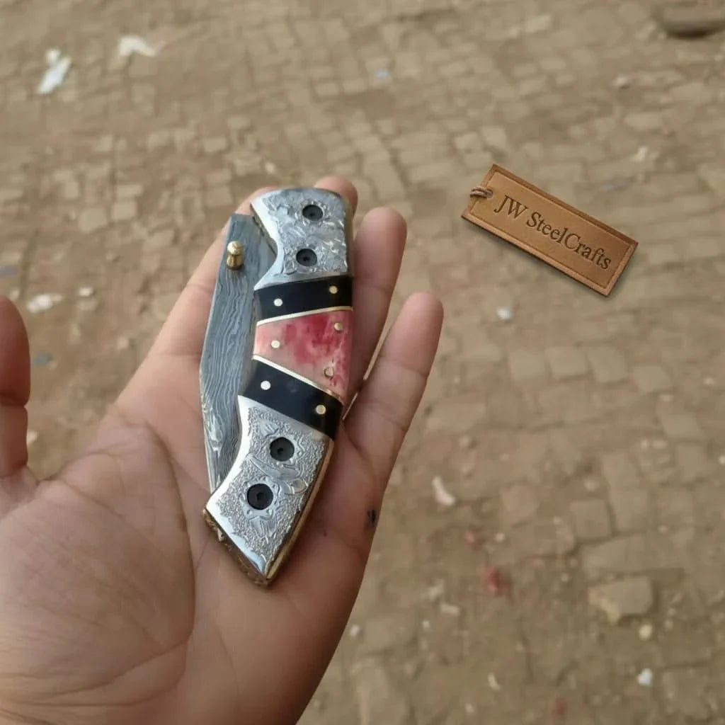 Handmade Damascus Folding Knife with Engraved Bolster, Black Resin and Colored Bone Handle – Custom EDC Pocket Knife by JW SteelCrafts by JW SteelCrafts, Damascus knife detail