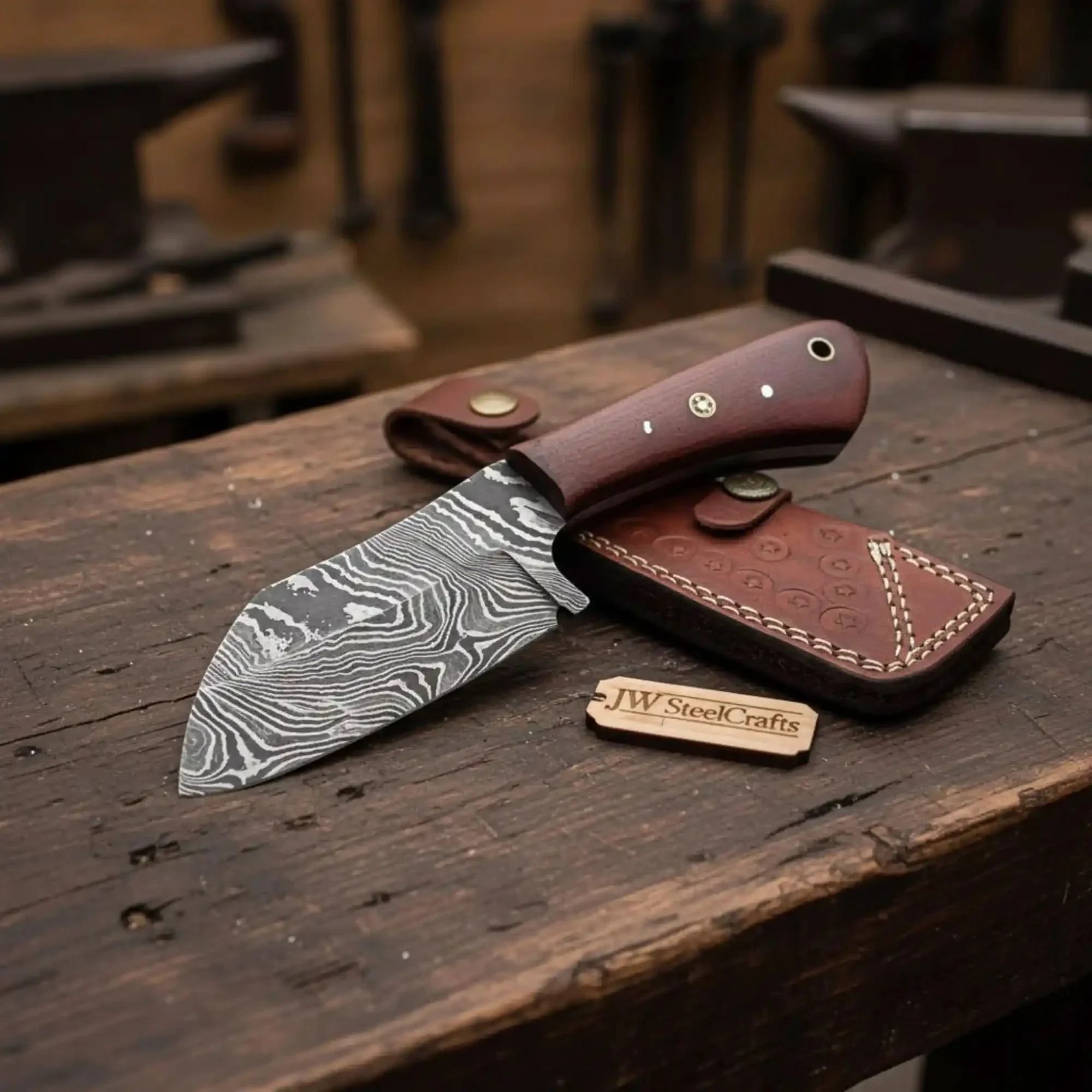 7-Inch Forged Damascus Skinner Knife — Red Micarta Handle, Full Tang & Leather Sheath | JW Steel Crafts by JW SteelCrafts, leather knife sheath main product photo