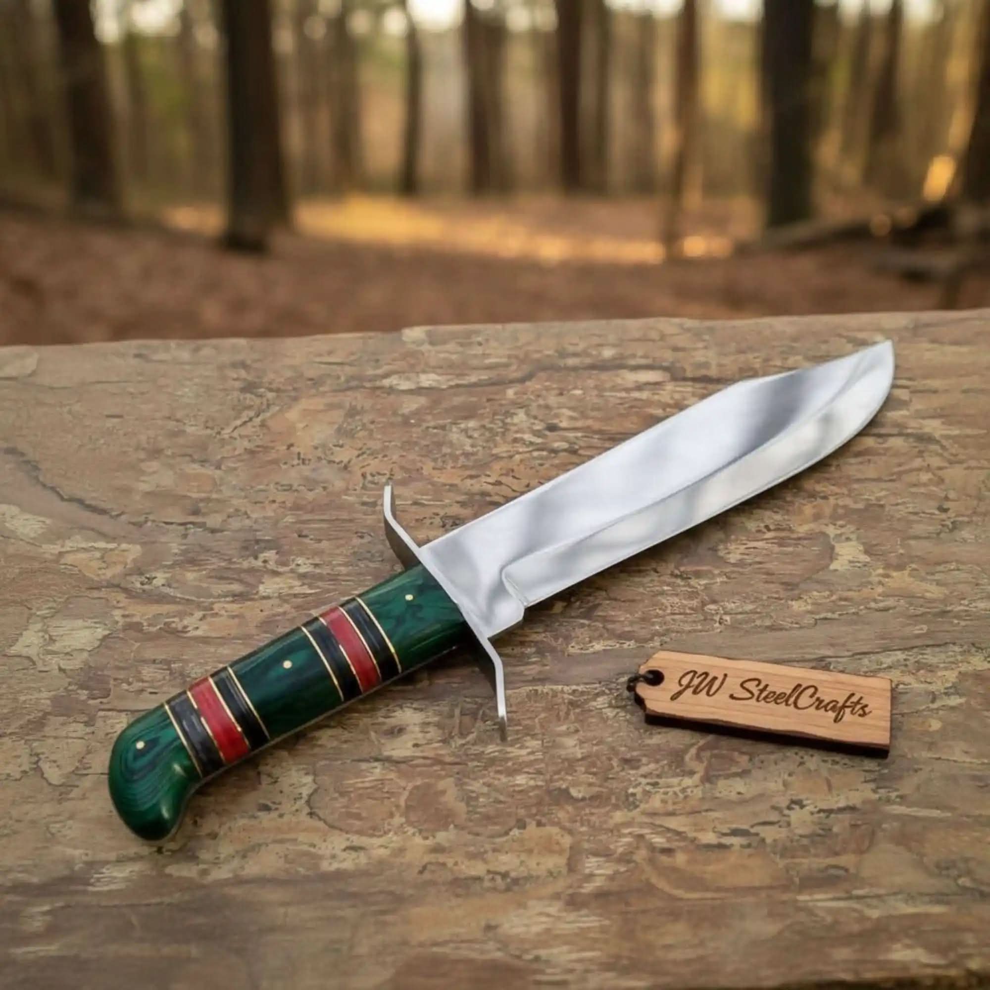 Sheffield Clip Point Bowie Knife with Carbon Steel Blade and Pakka Wood Handle by JW SteelCrafts, Damascus knife main product photo