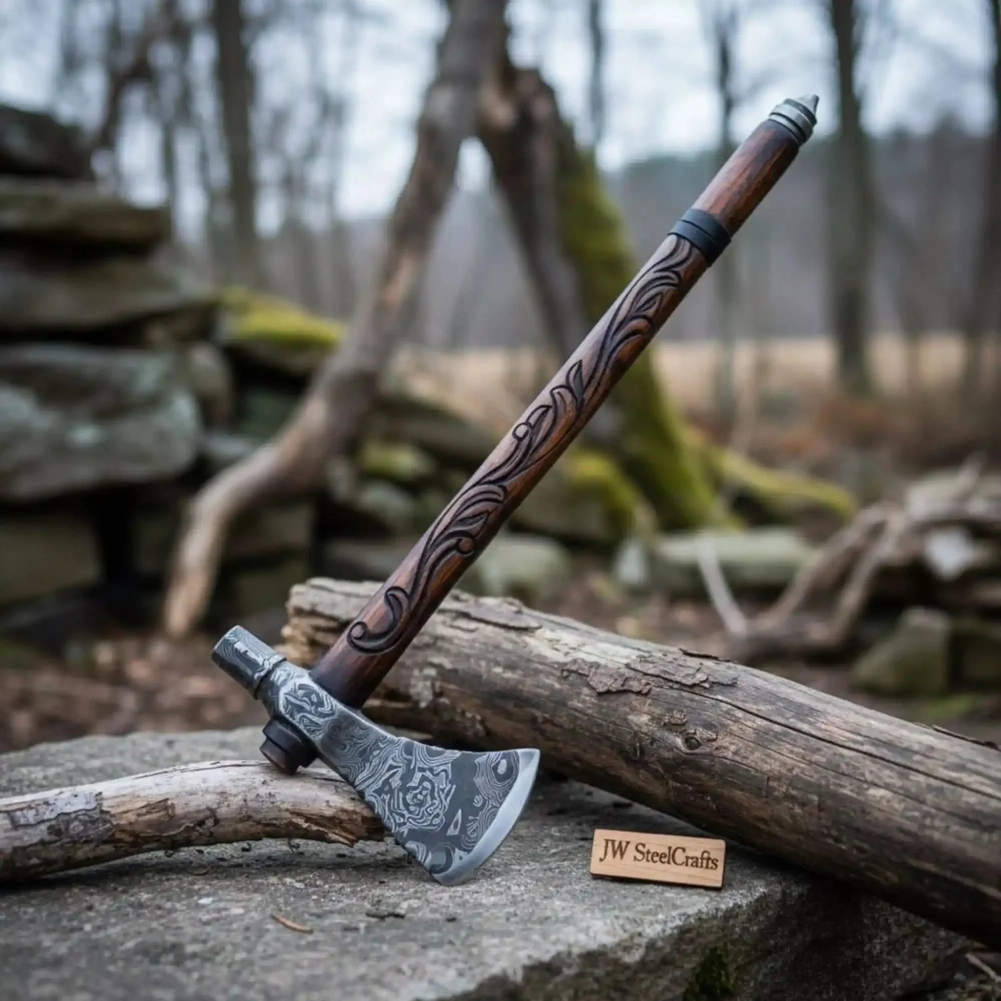 Custom Hand Forged Damascus Steel Smoking Axe – Functional Pipe Axe with Carved Hardwood Shaft by JW SteelCrafts, Southern lifestyle apparel detail photo 2
