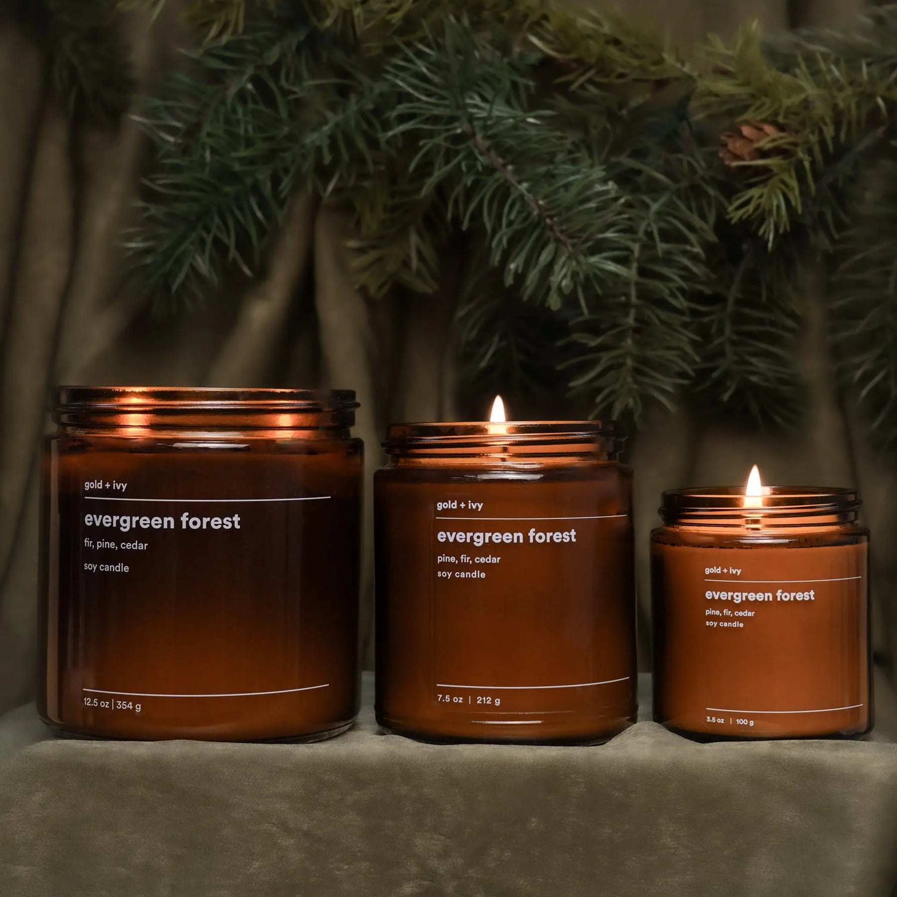 Three amber glass soy candles labeled 'Evergreen Forest' with pine needles and a velvet cloth background.