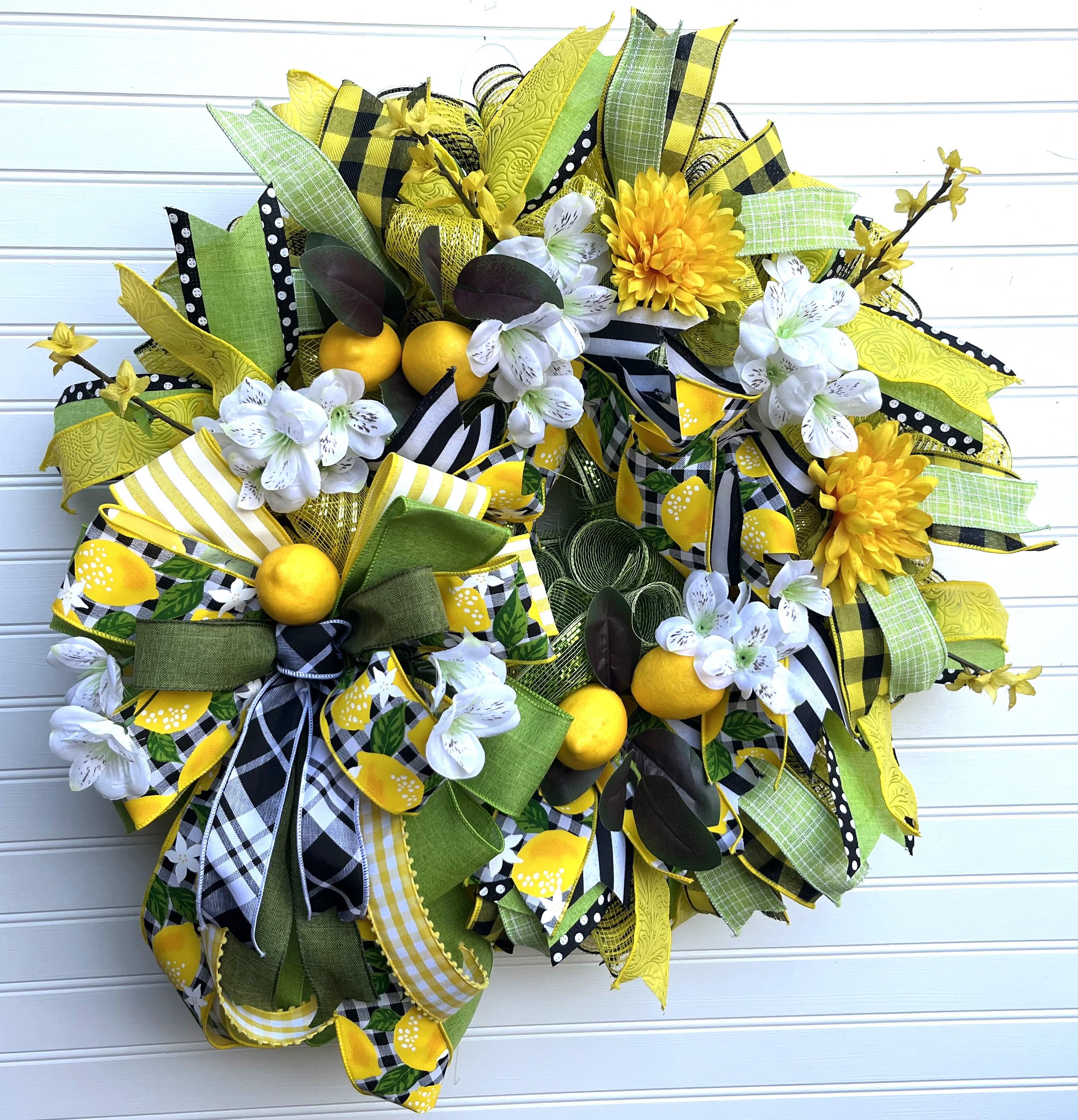 Lemon Summer Wreath | Yellow Floral Gingham Door Decor by Bouge Creations, view 2