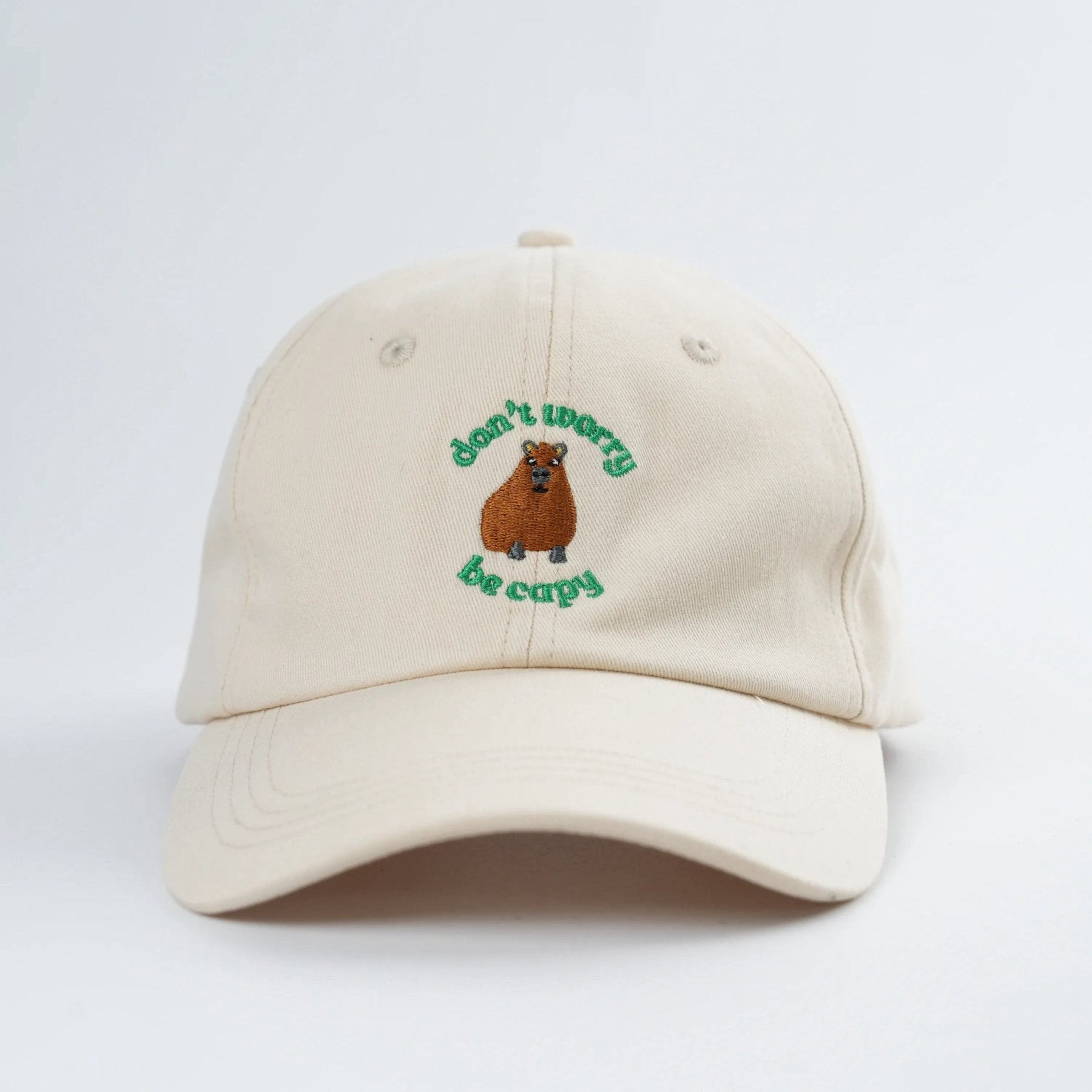 Don't Worry, Be Capy embroidered baseball hat for kids and adults