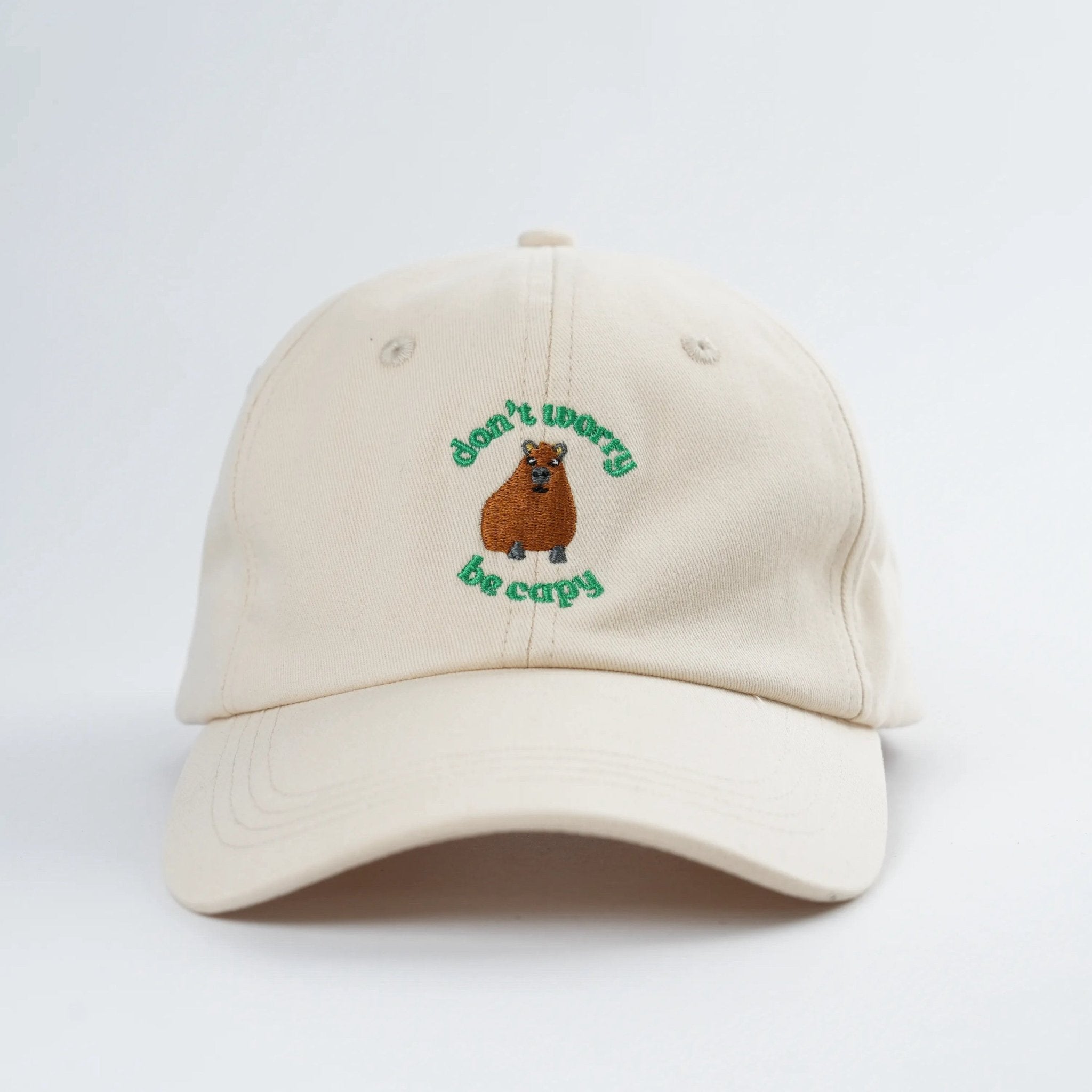 Don't Worry, Be Capy embroidered baseball hat for kids and adults