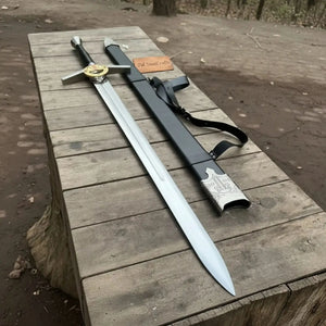 King's Oath Fantasy Longsword Replica Gold Guard, Gemstone Inlays & Leather Scabbard by JW SteelCrafts, handmade jewelry main product photo