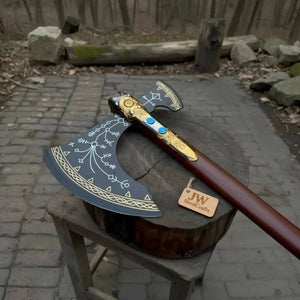 Hand Forged Viking Fantasy Double-Bit Axe with Norse Engraving, Gold Handle Fittings and Blue Gemstone Inlays