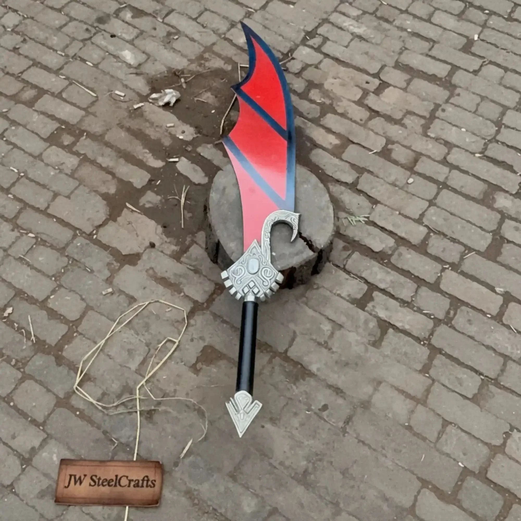 Handmade Crimson Wrath Dark Fantasy Warrior Sword | Red Powder-Coat Blade by JW SteelCrafts, Southern handmade gift detail photo 2