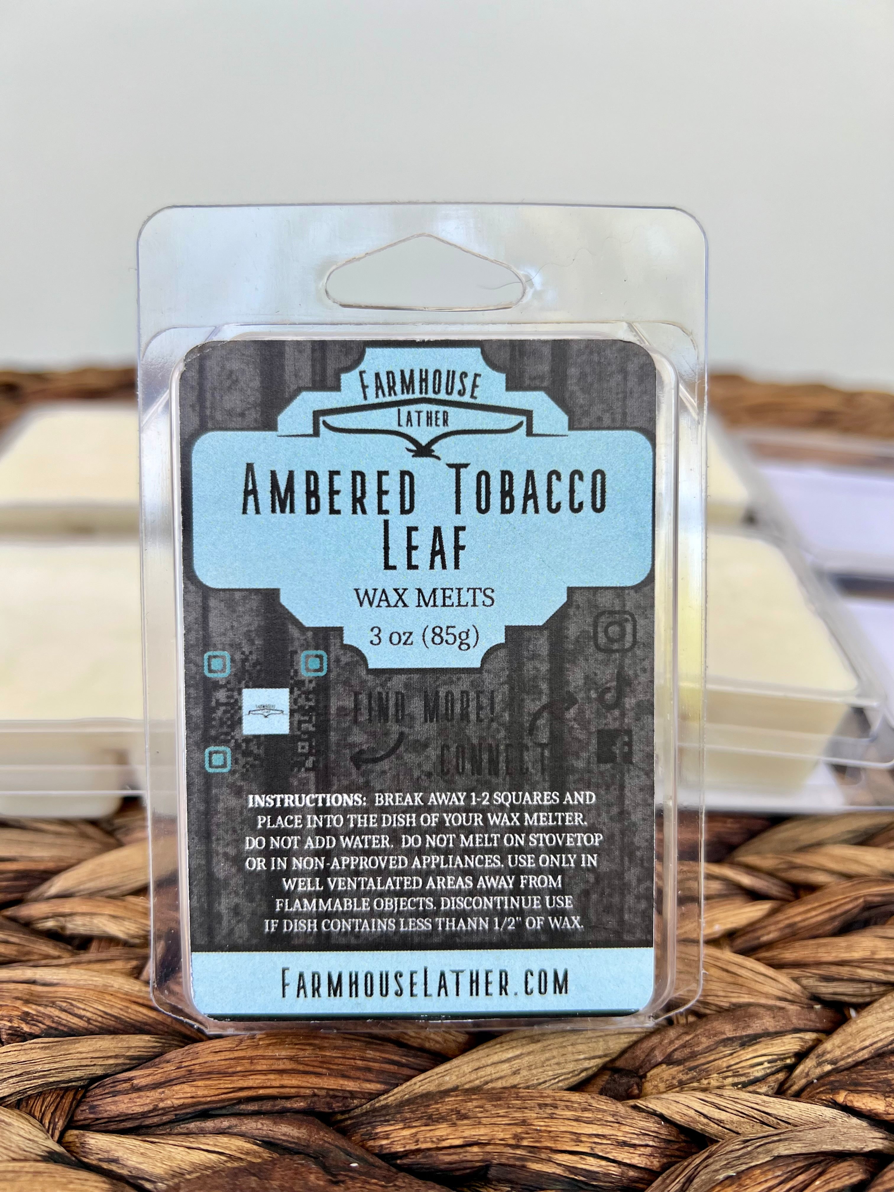 Farmhouse Lather Ambered Tobacco Leaf handmade wax melt bar with Cuban tobacco, amber, and sandalwood scent