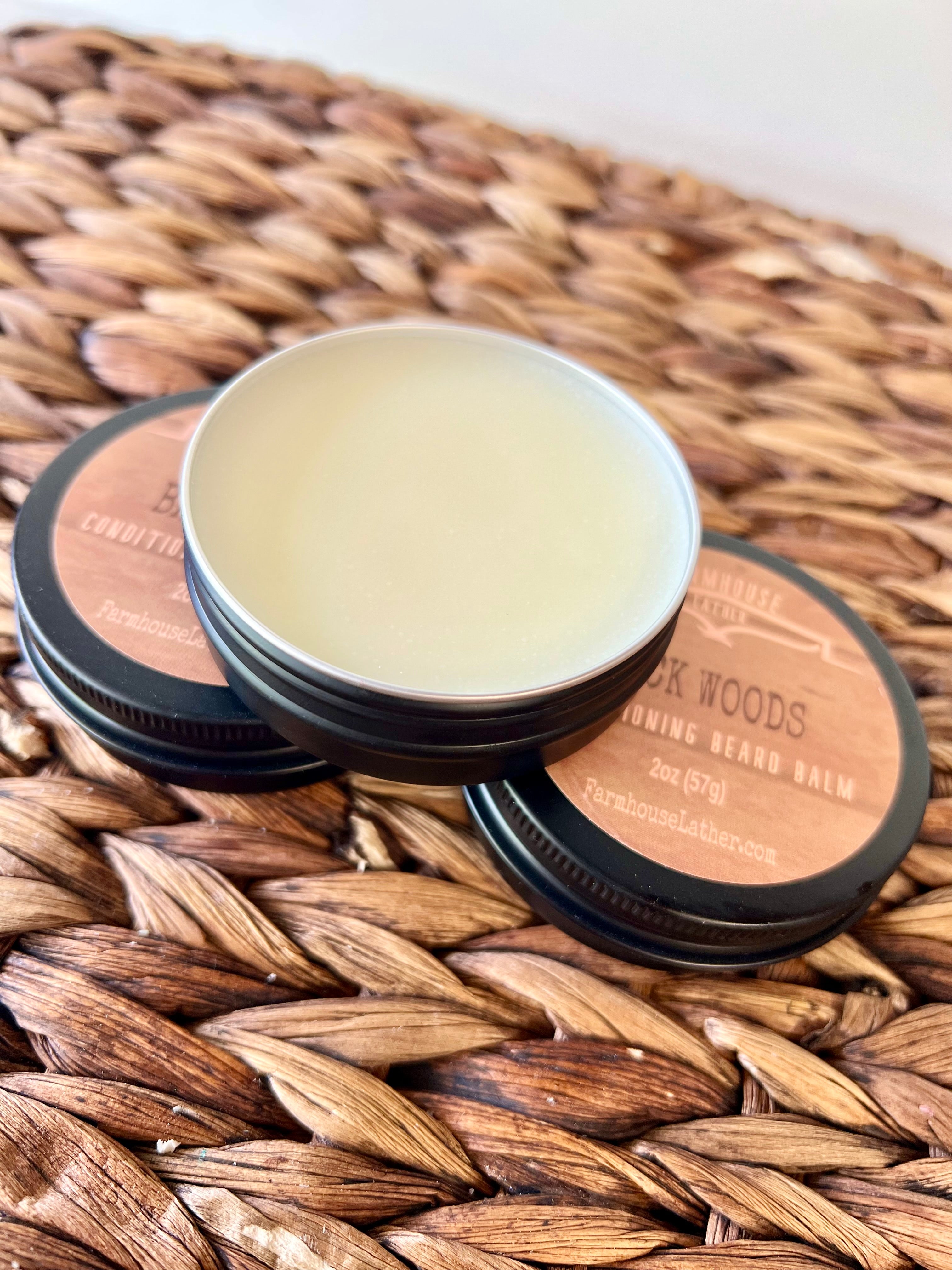 Back Woods beard balm by Farmhouse Lather for softening shaping and lightly scented beard care