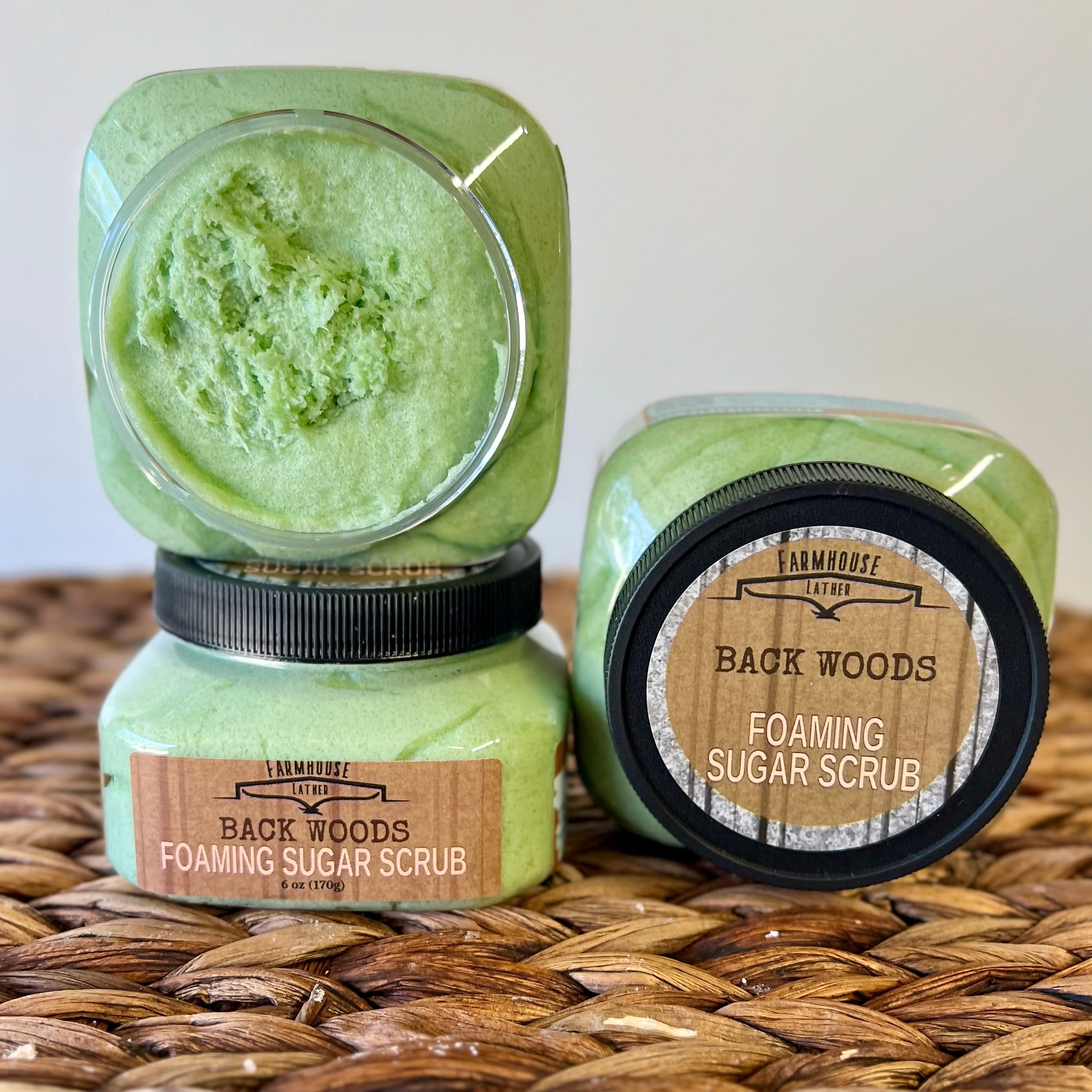 Farmhouse Lather Back Woods foaming sugar scrub with jojoba oil argan oil and smoothing sugar