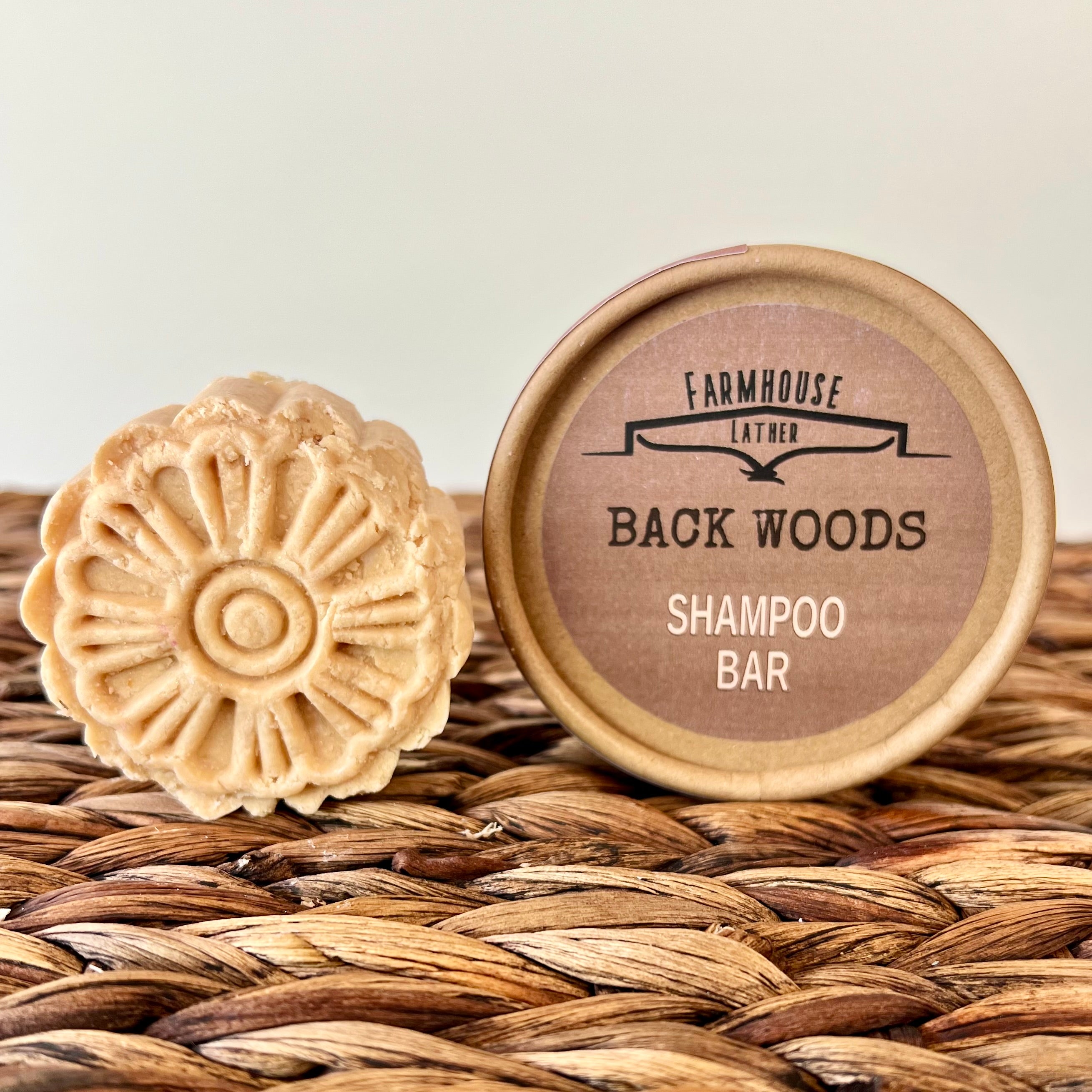Farmhouse Lather Back Woods tan shampoo bar for zero waste hair care