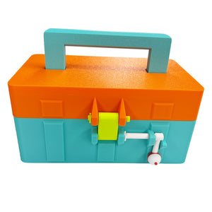 Front view of teal and orange 3D printed tackle box with carrying handle, latch, and bobber-shaped key