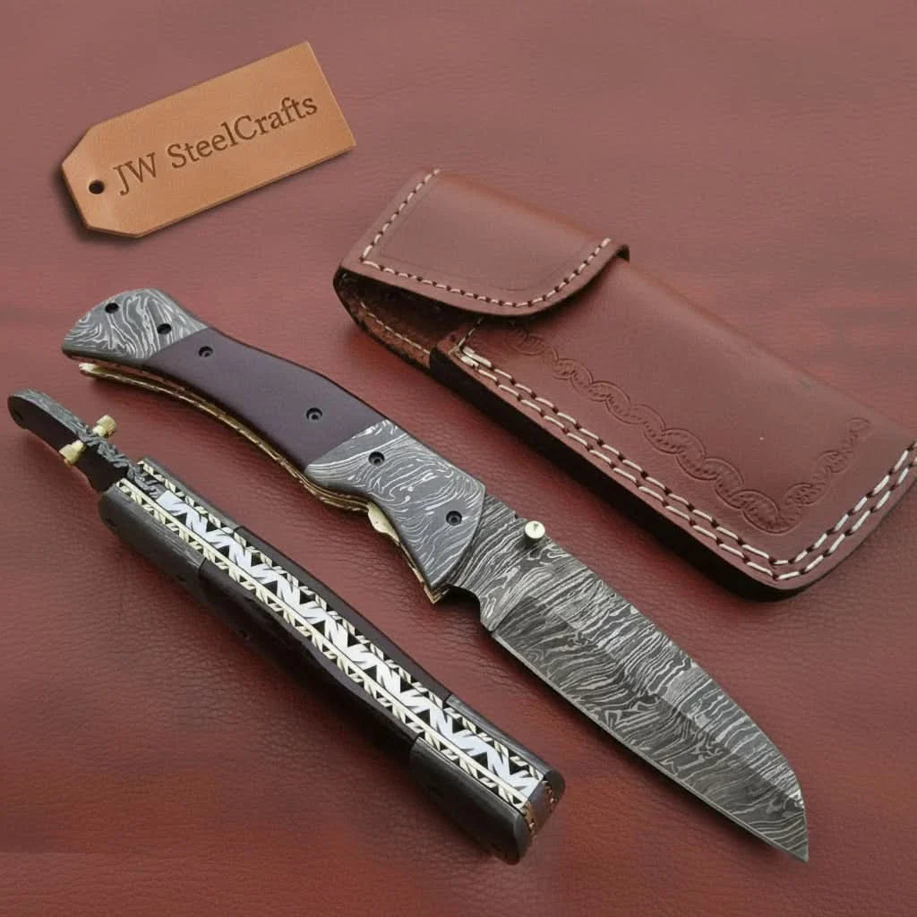 Handmade Damascus Steel Folding Knife – Matte Black Handle with Brass Liner & Thumb Stud | JW SteelCrafts by JW SteelCrafts, Damascus knife main product photo