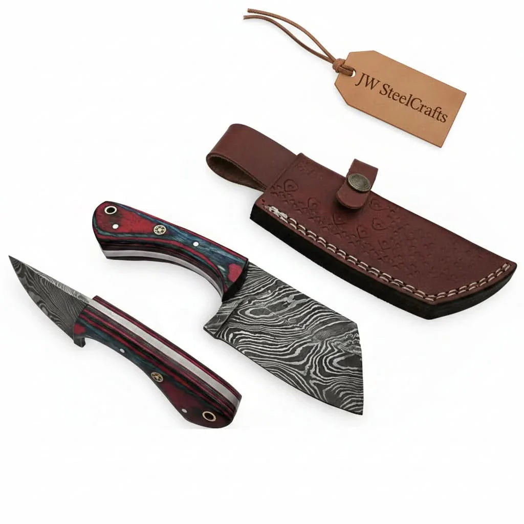 6-Inch Forged Damascus Cleaver Knife — Red and Blue Pakka Wood Handle, Mosaic Pin, Lanyard Hole & Tooled Leather Sheath | JW Steel Crafts by JW SteelCrafts, leather knife sheath