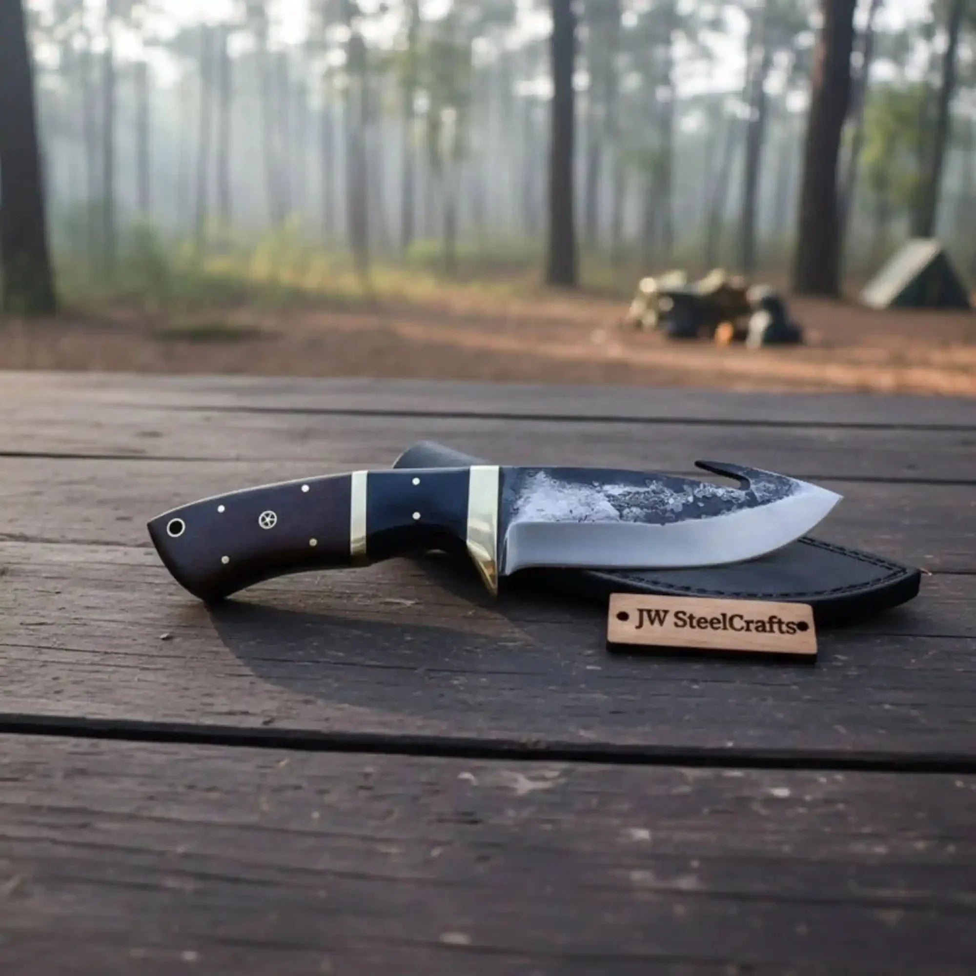 Gut hook knife with wood and brass handle. by JW SteelCrafts, Damascus knife main product photo