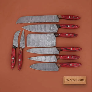 Damascus Kitchen Knife Set of 8, Hand-Forged with Red Pakka Handles