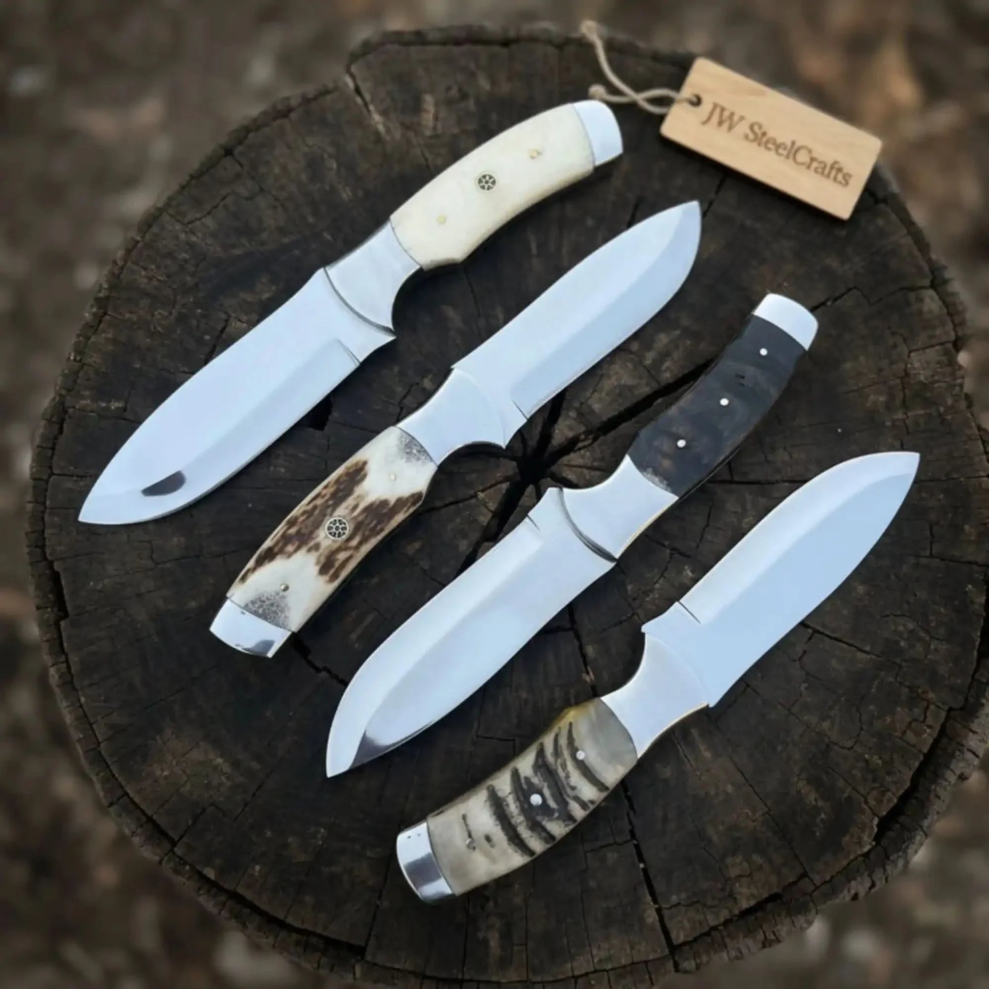 Handmade Bushcraft Knife Set of 4-Piece Full Tang Camping & Survival Knives by JW SteelCrafts, Damascus knife main product photo