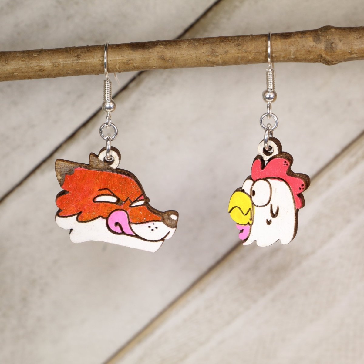 Fox and Chicken Wooden Earrings | Farm Animal Humor Jewelry