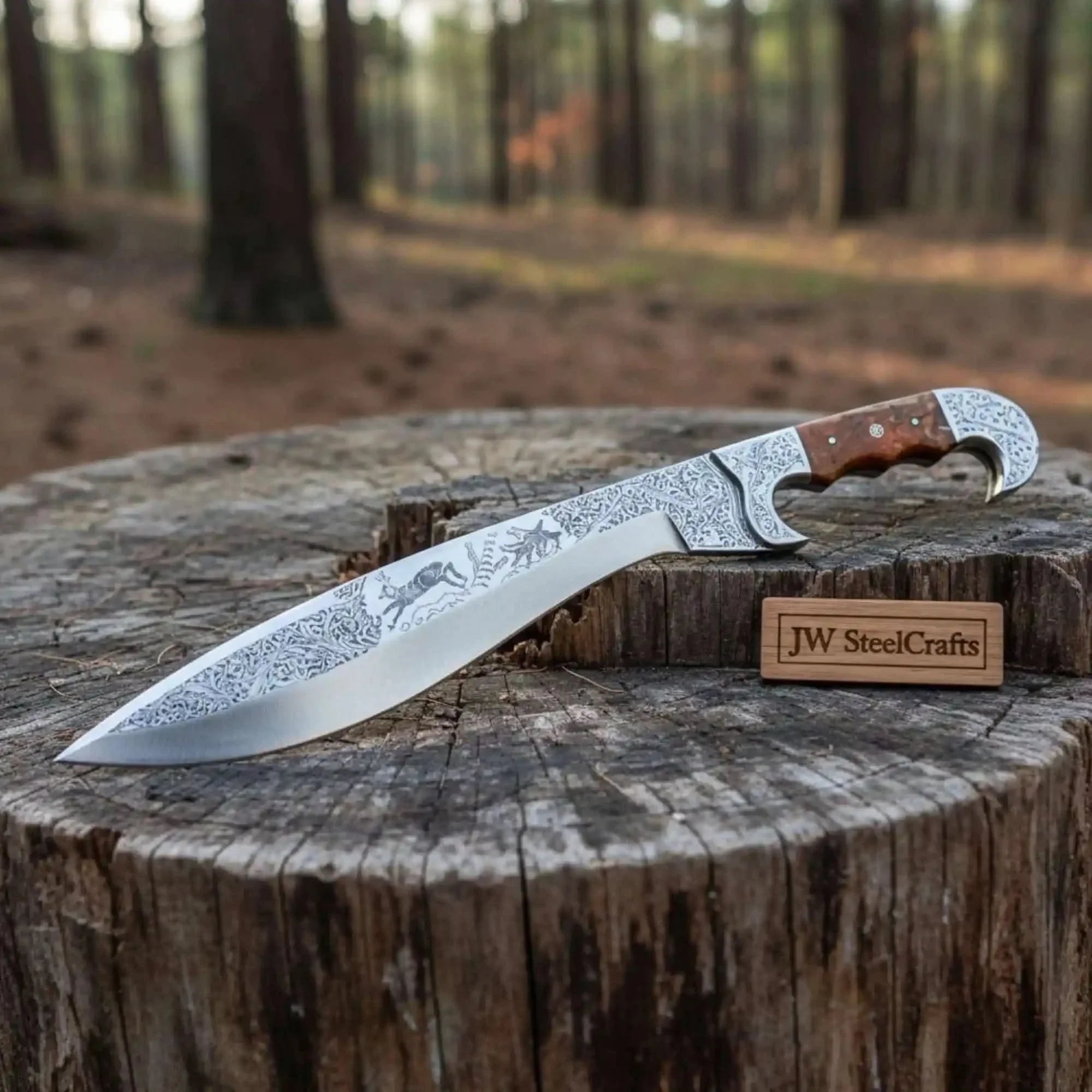 Frontier Bowie Knife Hand Engraved D2 Steel Blade Trailing Point Custom Handmade by JW SteelCrafts by JW SteelCrafts, Damascus knife main product photo